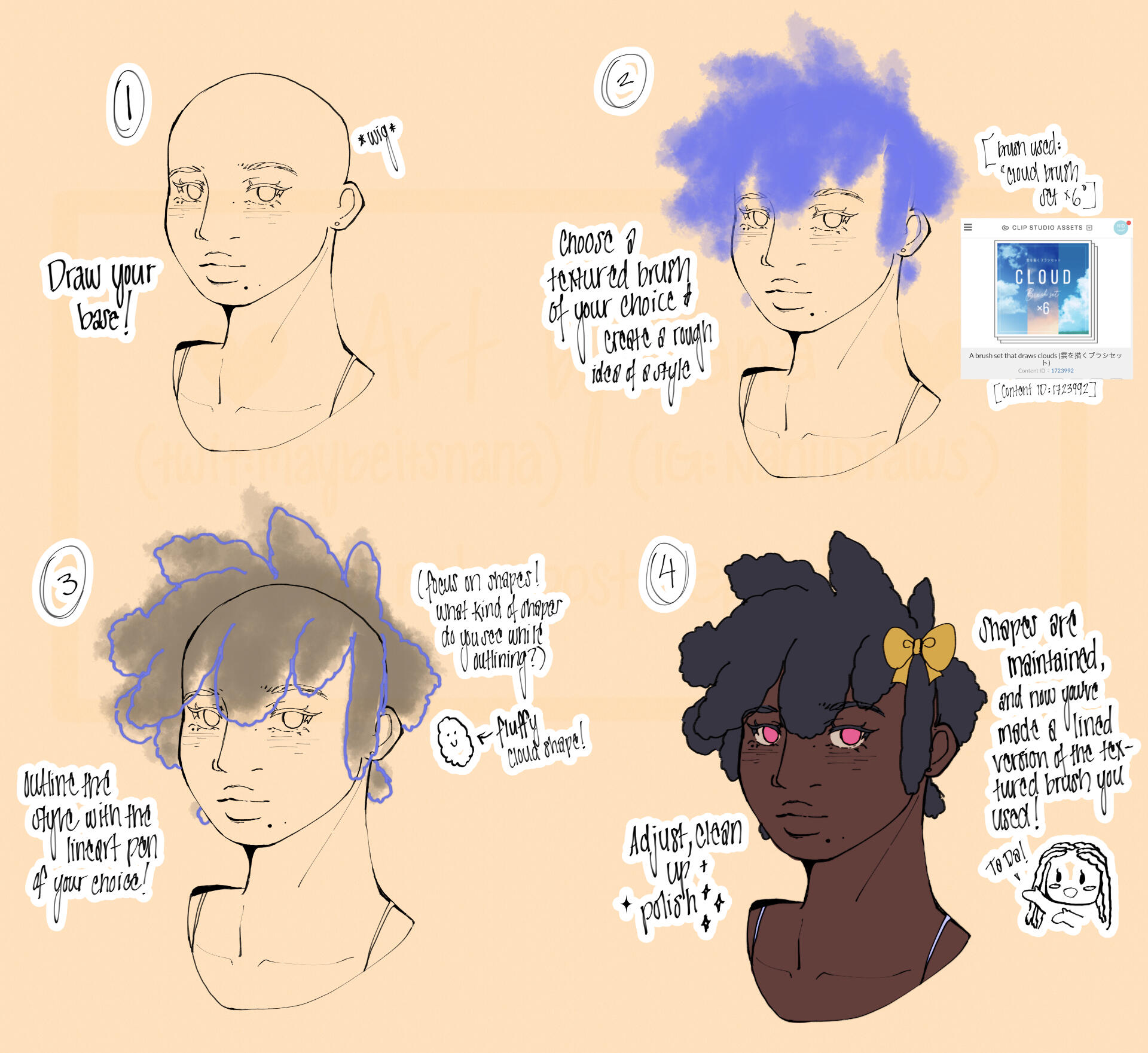 A four-step tutorial on how to utilize textured brushes in drawing thickly textured hair.