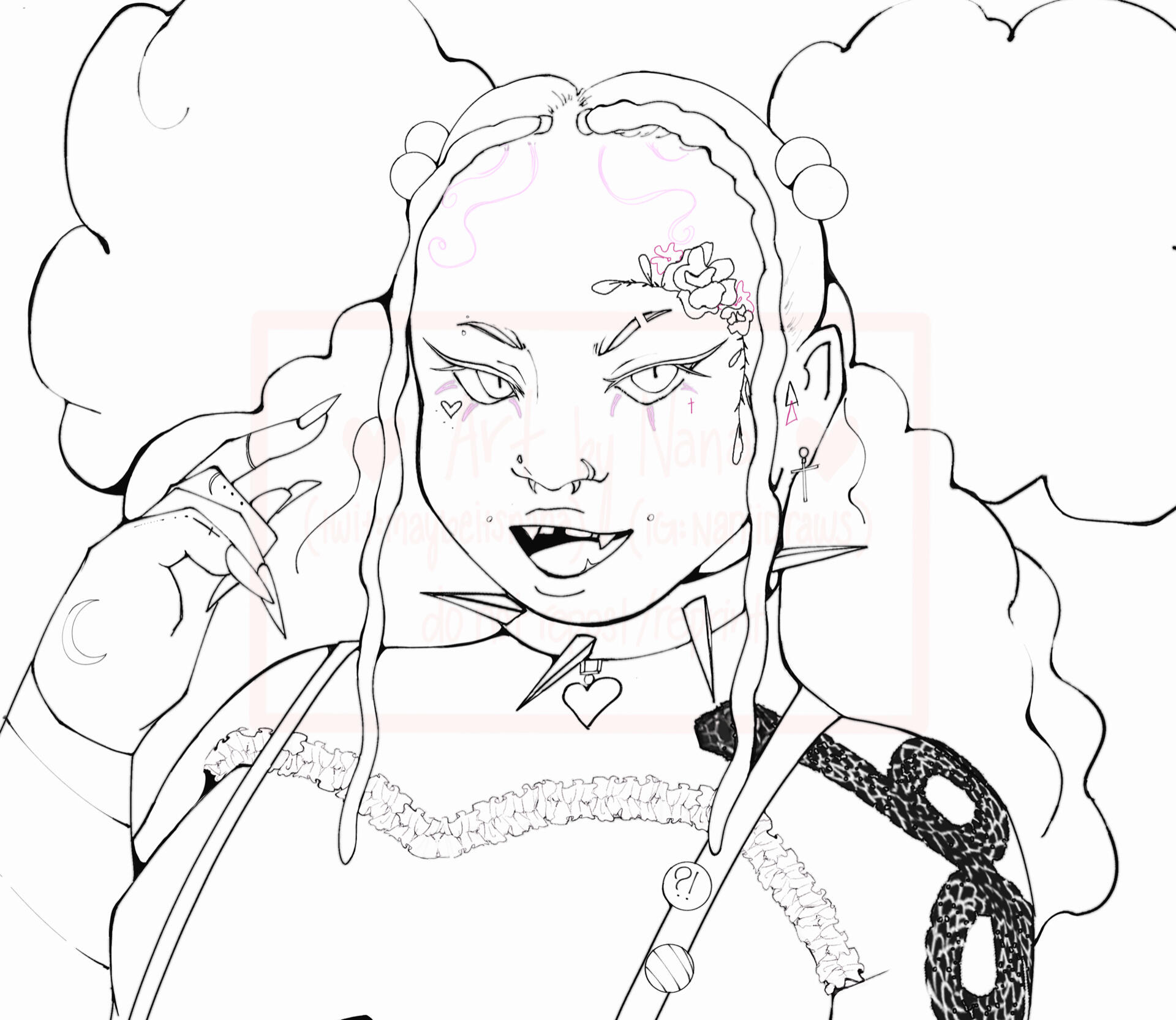Lineart of a vampire character with tattoos, piercing, and a pastel goth look. Brush is an ink pen with a velocity setting.