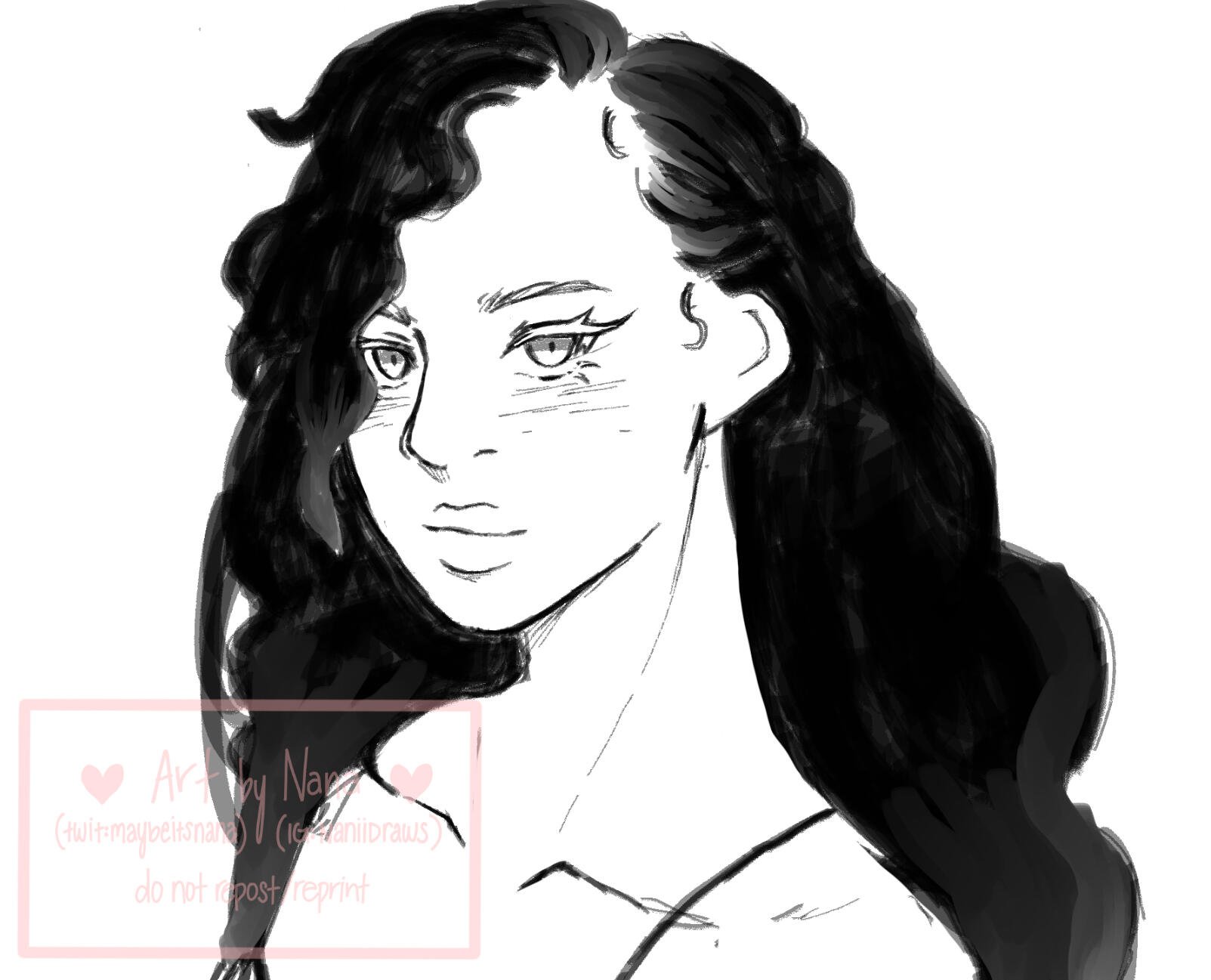 A black and white sketch of a character with long hair. This brush is similar to a 4B pencil grade.