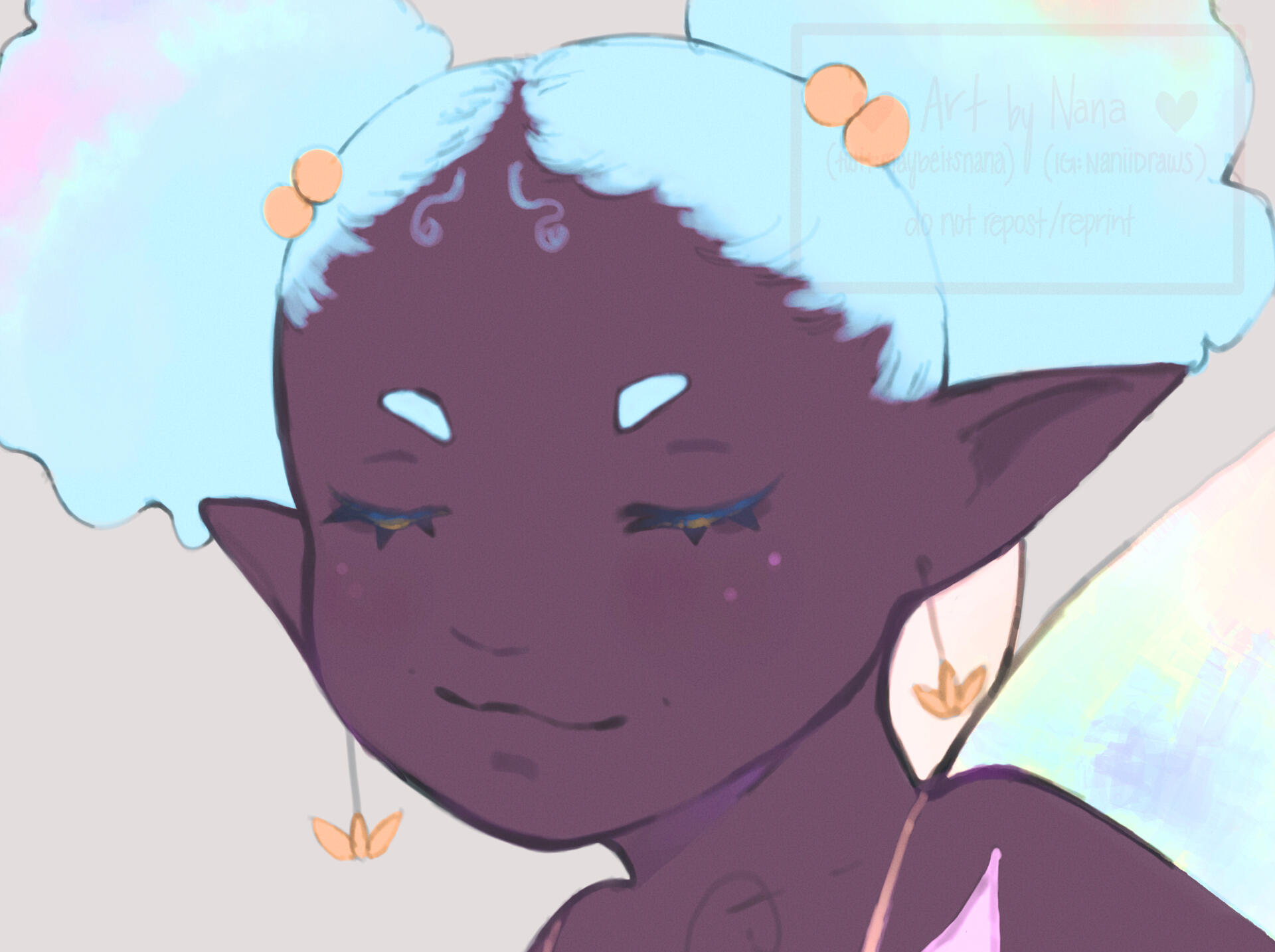 Close up of art of a fairy with elf-like ears and light blue hair puffs. Brush is of very soft texture and buildable opacity.