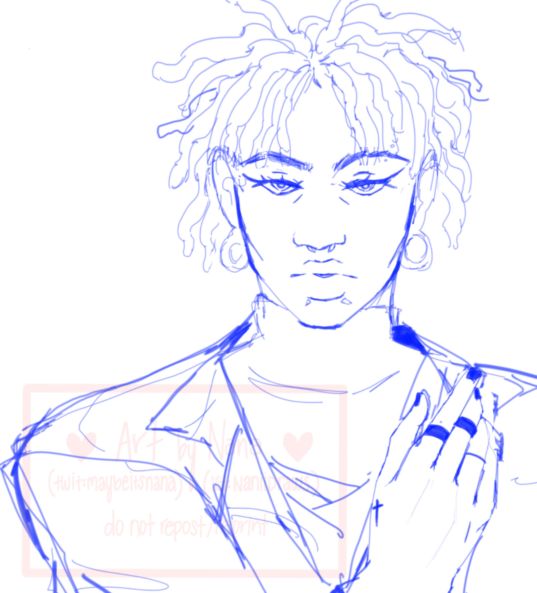 A sketch done in blue ink of a character with piercings and locs. Brush similar to paint.