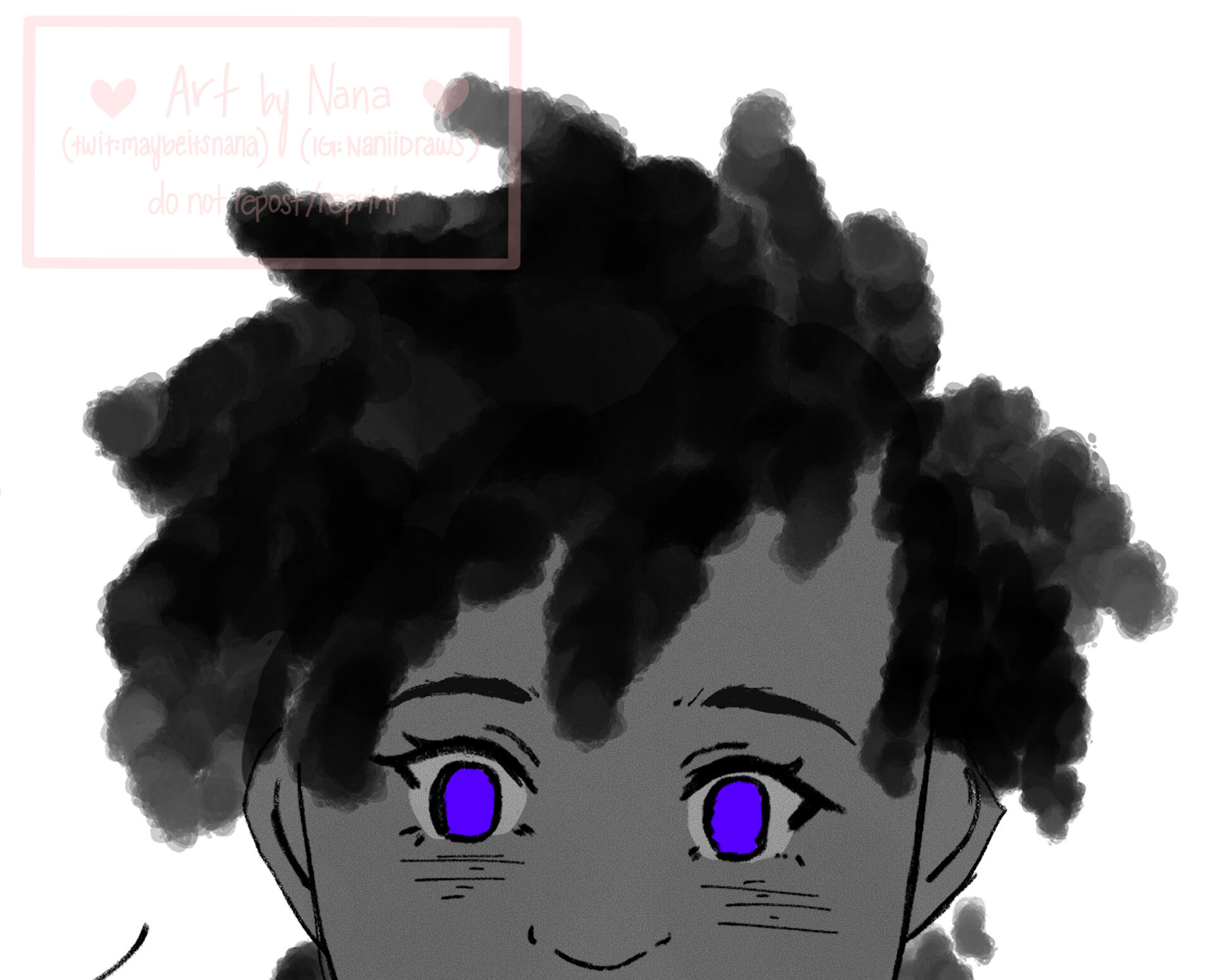 A character in black and white with short, thickly textured hair with purple eyes. Brush mimics a thick hair texture.