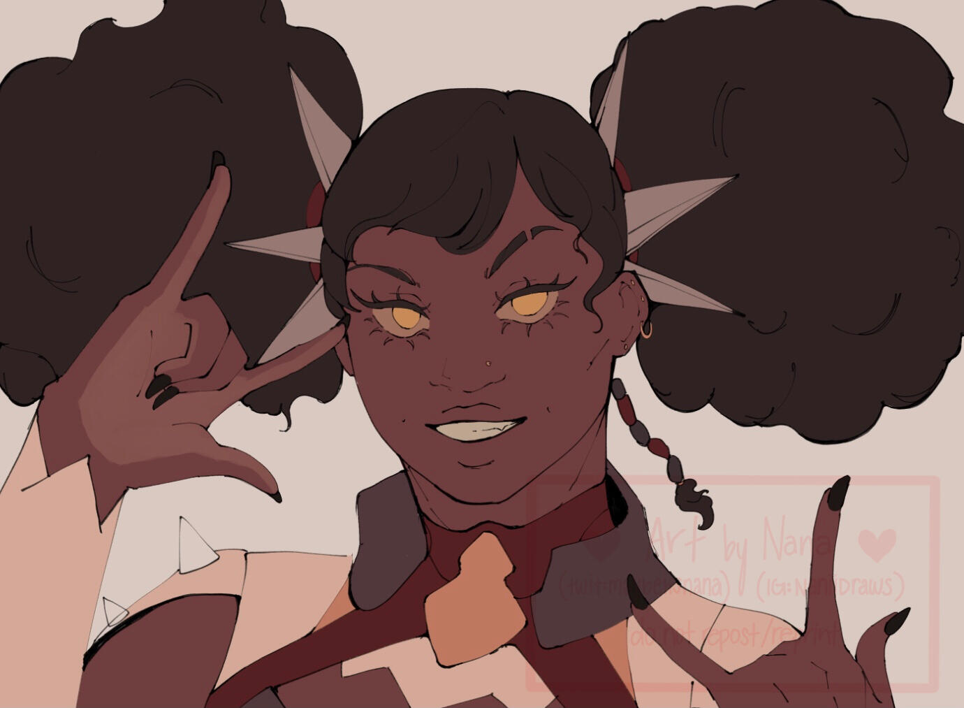 Art of Xinyan from Genshin Impact in a "rock on!" pose. The brush is a hard round brush for coloring in.