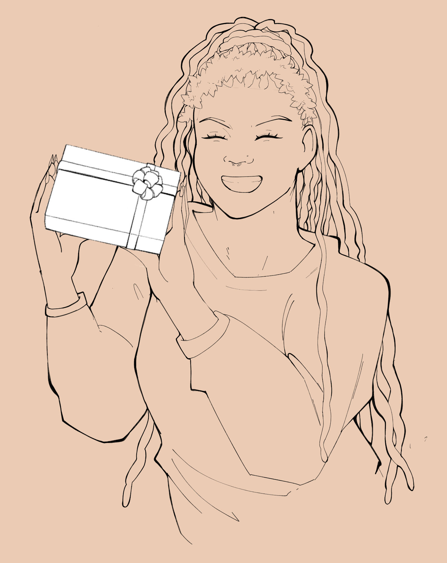 Lineart of a character from an upper angle with big, textured hair. Brush is a light ink pen with a velocity setting.