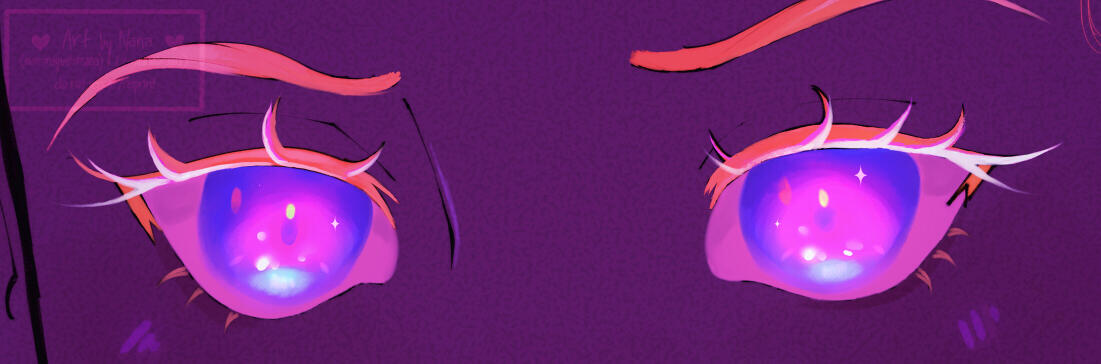 Close up of purple and pink eyes that are bright and have a hint of light blue. The brush creates dynamic light eye reflections.