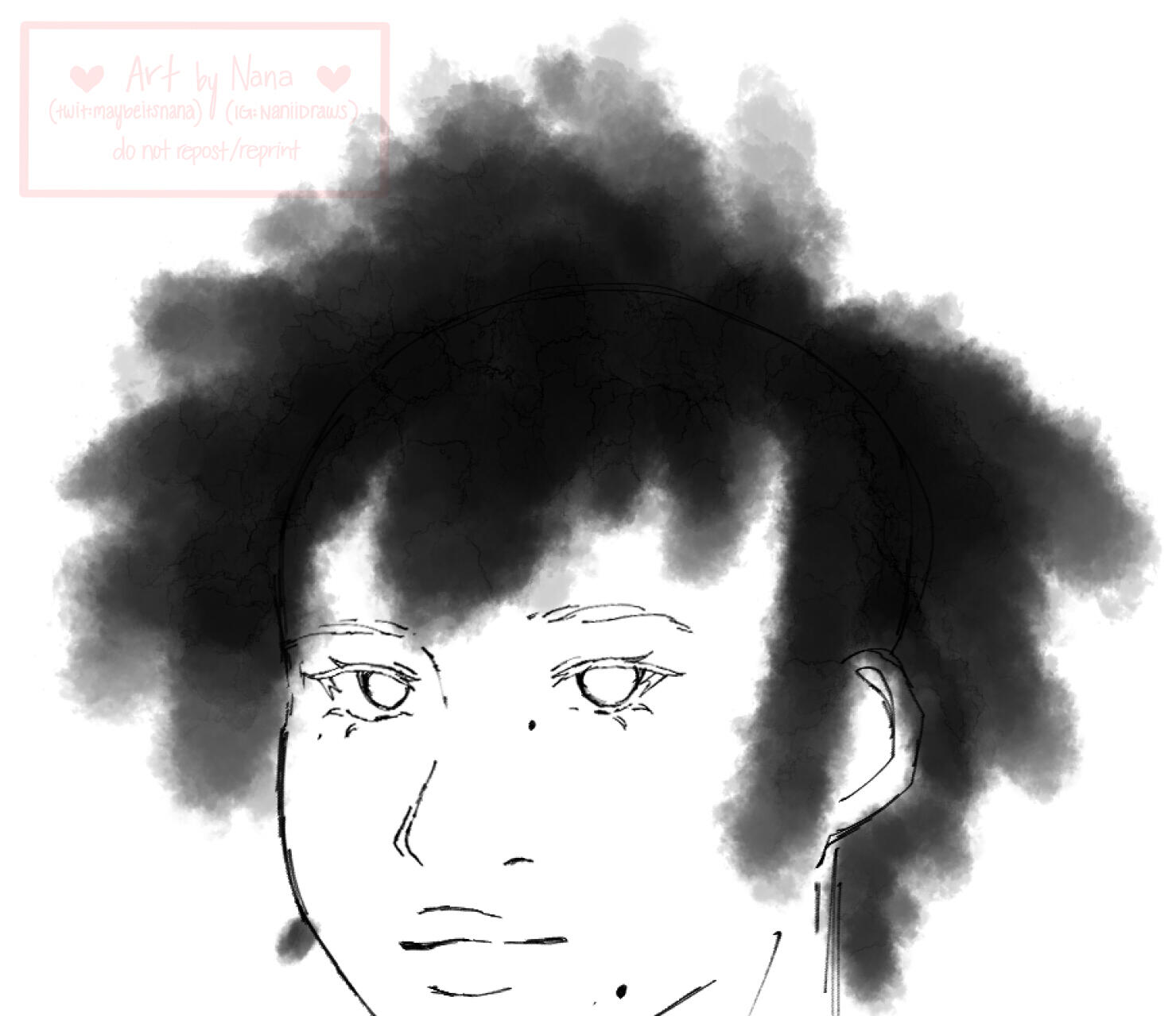 A close up of a character's face with short, thickly textured hair. Brush mimics a cloud texture and is easily blendable.