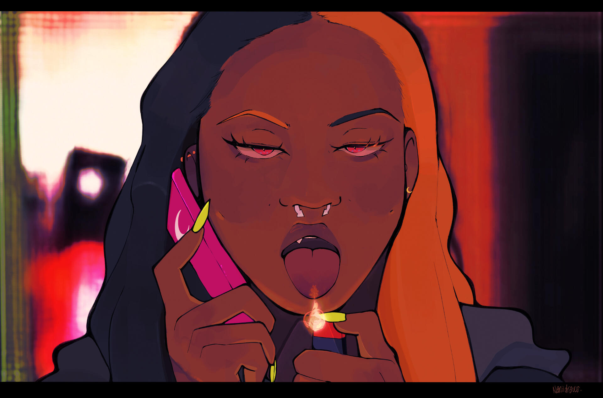 Image of a character with big light pink hair and a light pink tube top. Effect creates a soft and light filter on the art.