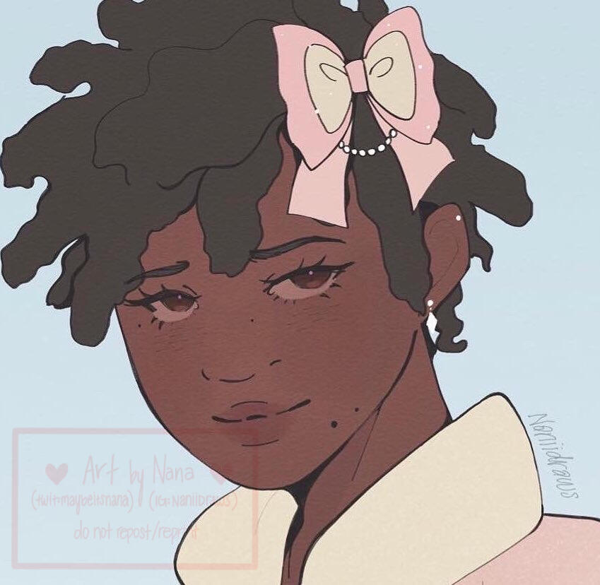 Close up of a character with short textured hair coils and a pink and white bow. Texture mimics paper ridges overlay on the art.