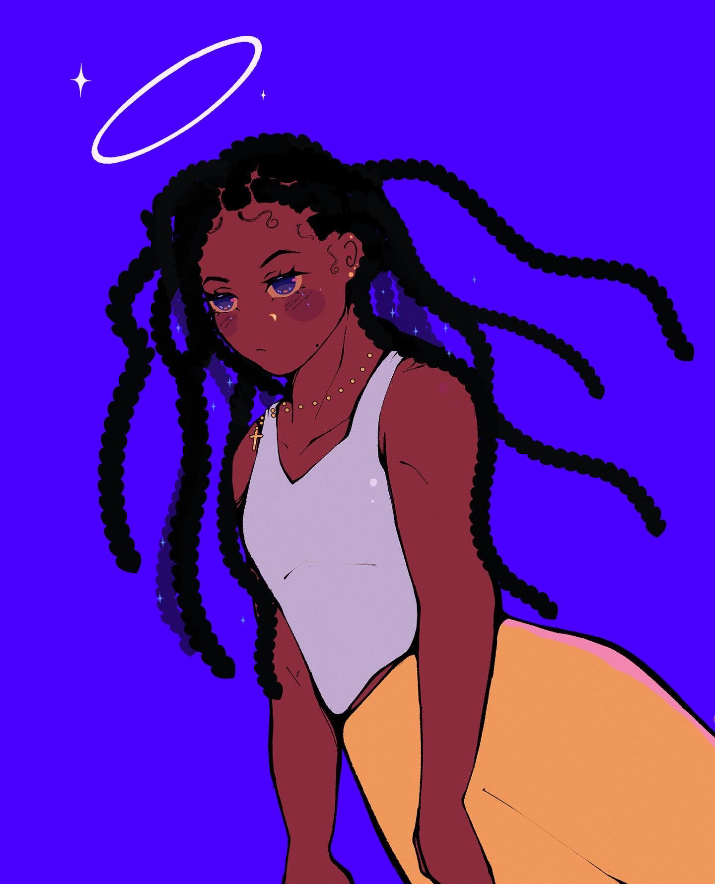 A chibi character with grey locs and a paper taped on her forehead that says "*dial up noise*". Palette is of warm color tones.