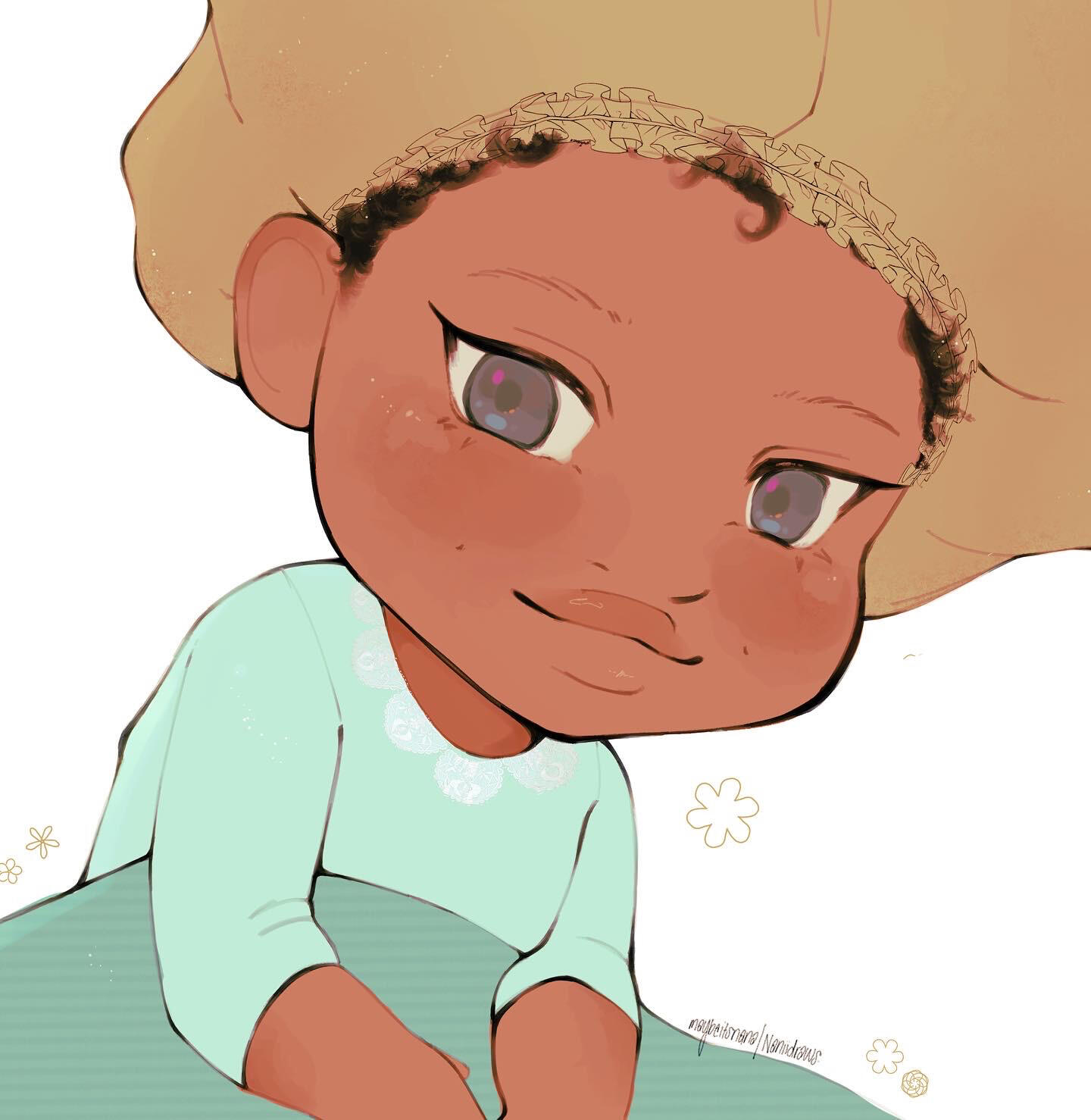 Lineart of a character from an upper angle with big, textured hair. Brush is a light ink pen with a velocity setting.