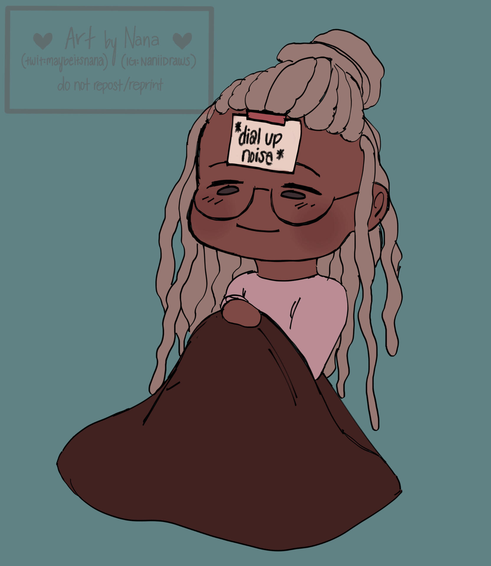 A chibi character with grey locs and a paper taped on her forehead that says "*dial up noise*". Palette is of warm color tones.