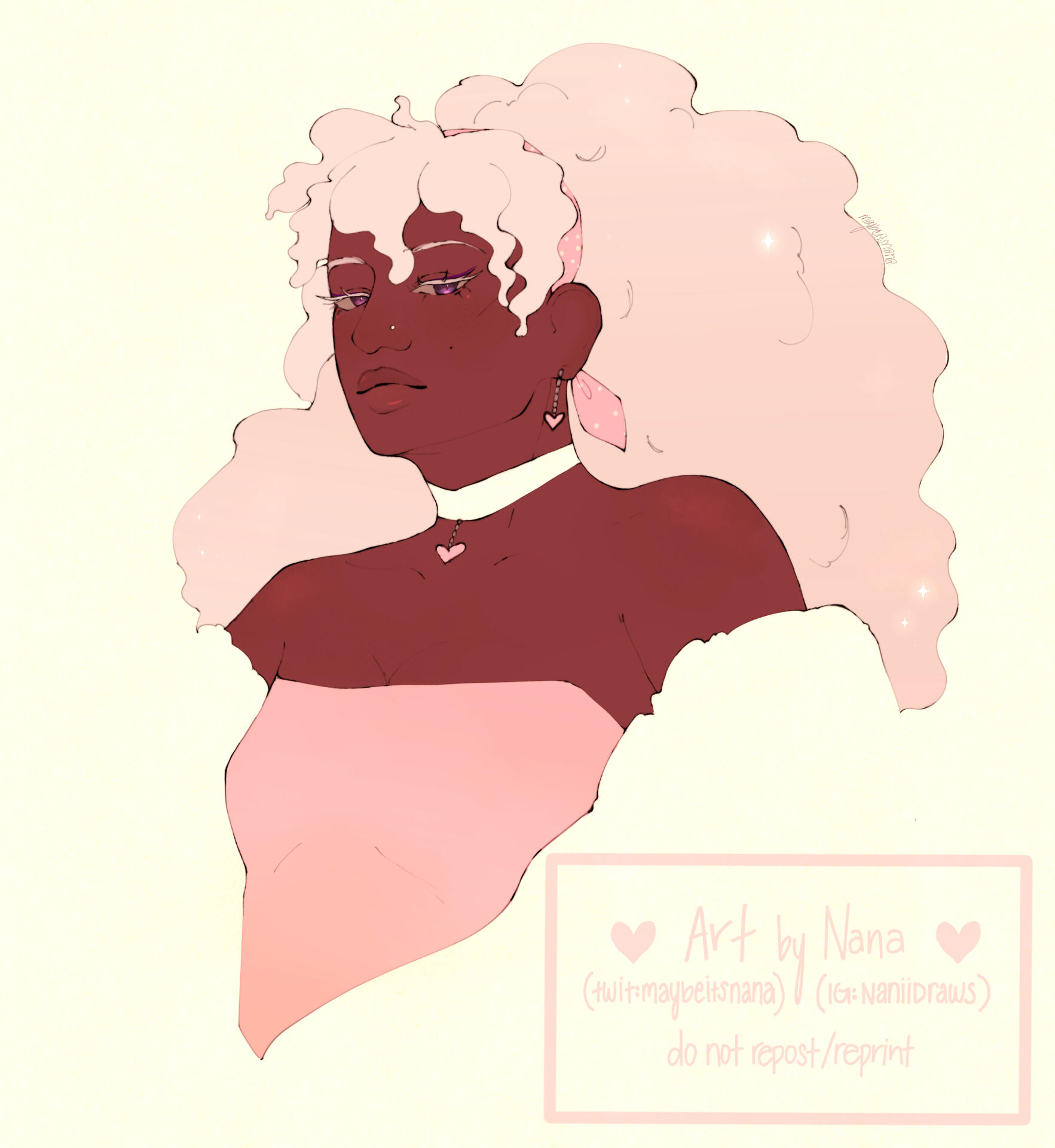Image of a character with big light pink hair and a light pink tube top. Effect creates a soft and light filter on the art.