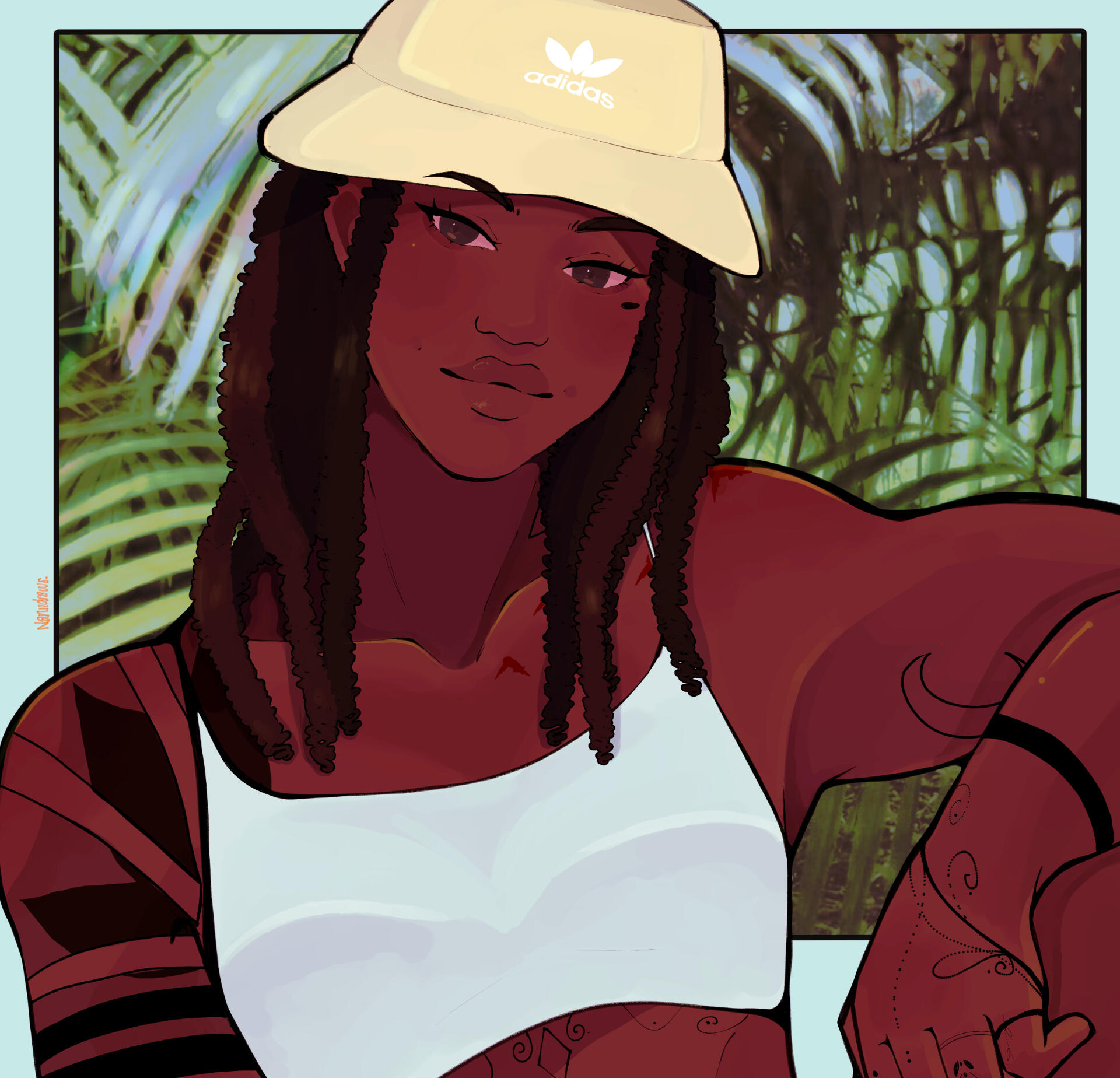 Image of a character with big light pink hair and a light pink tube top. Effect creates a soft and light filter on the art.