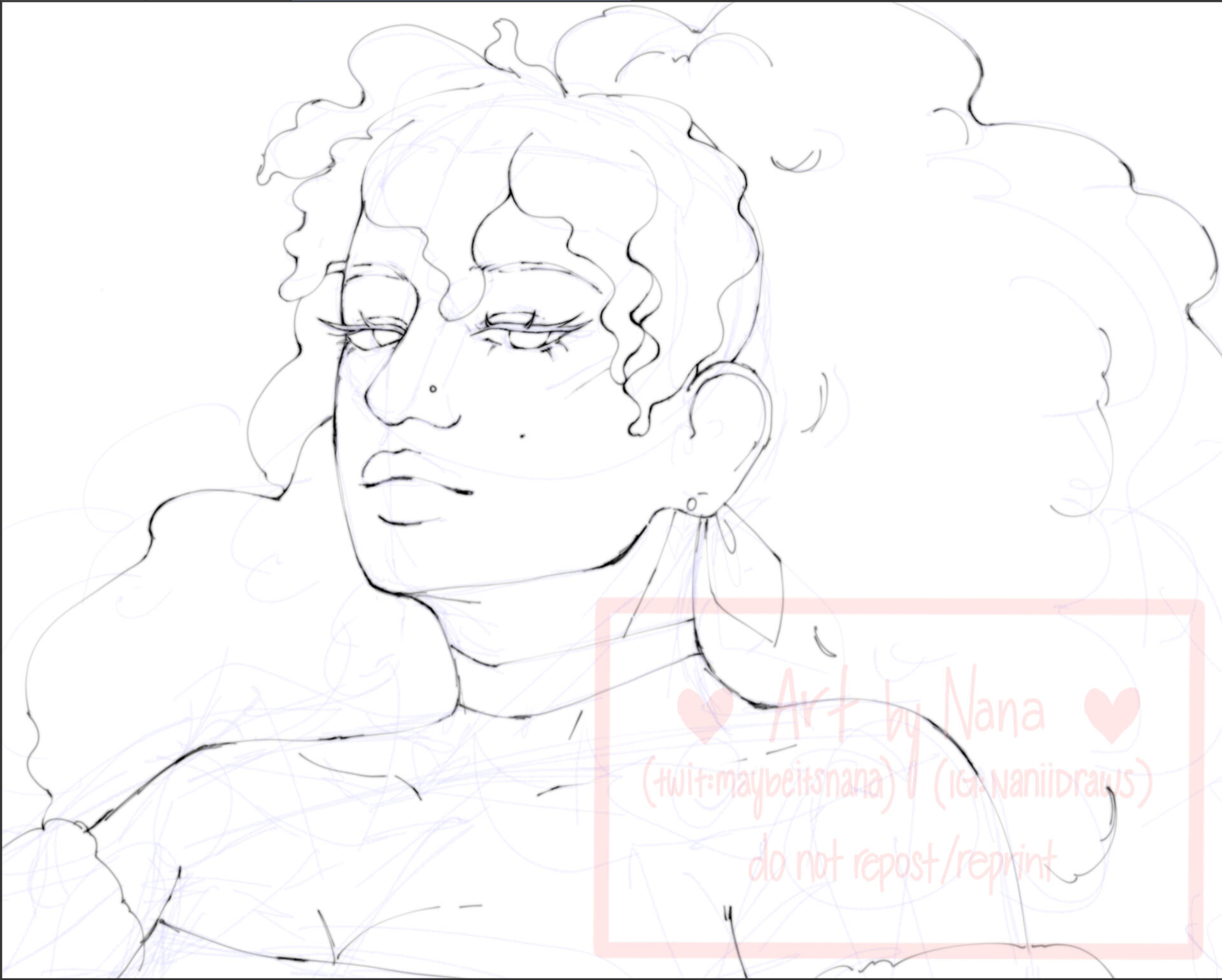 Lineart of a character from an upper angle with big, textured hair. Brush is a light ink pen with a velocity setting.